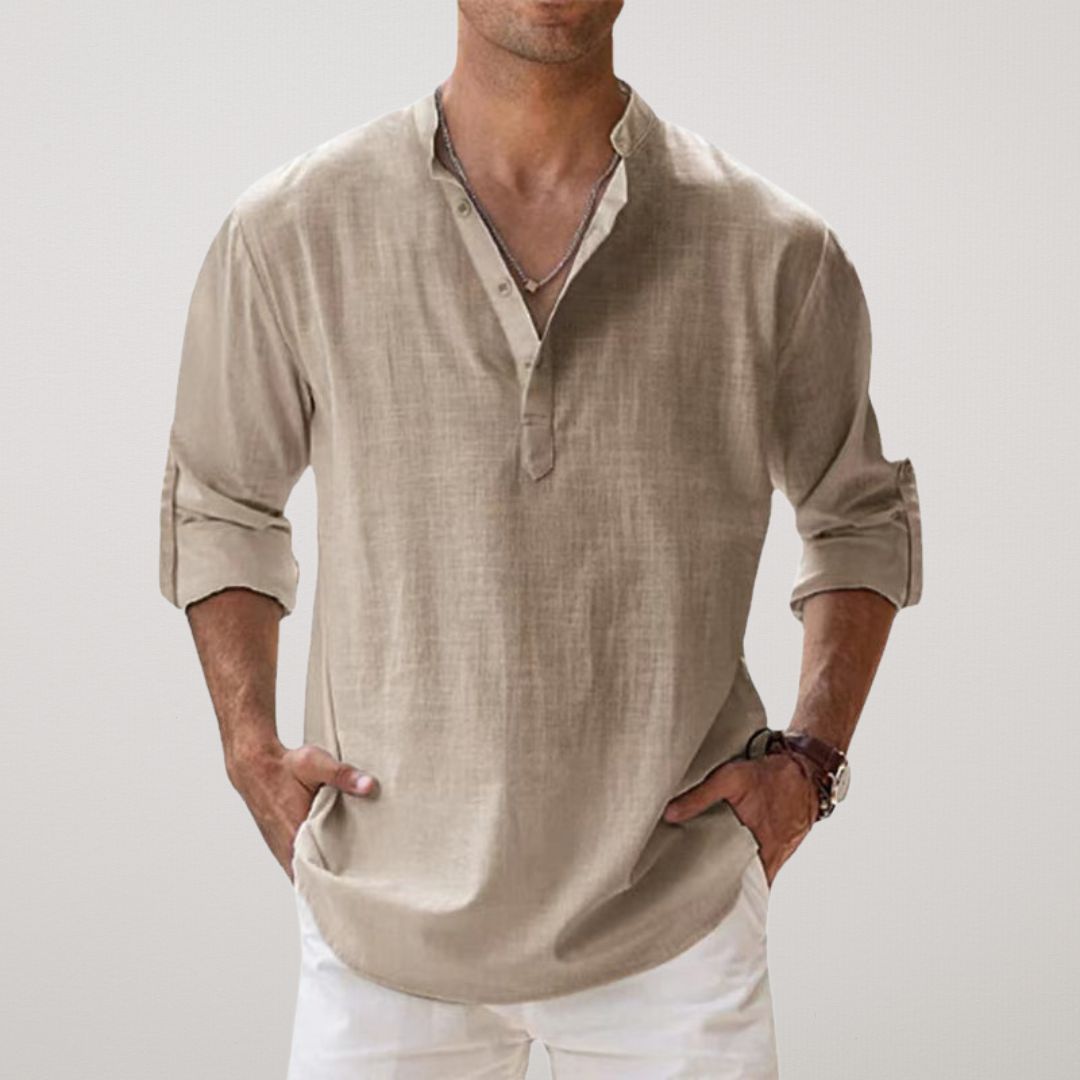 Lenoir™ | Linen Effect Cotton Henley Shirt