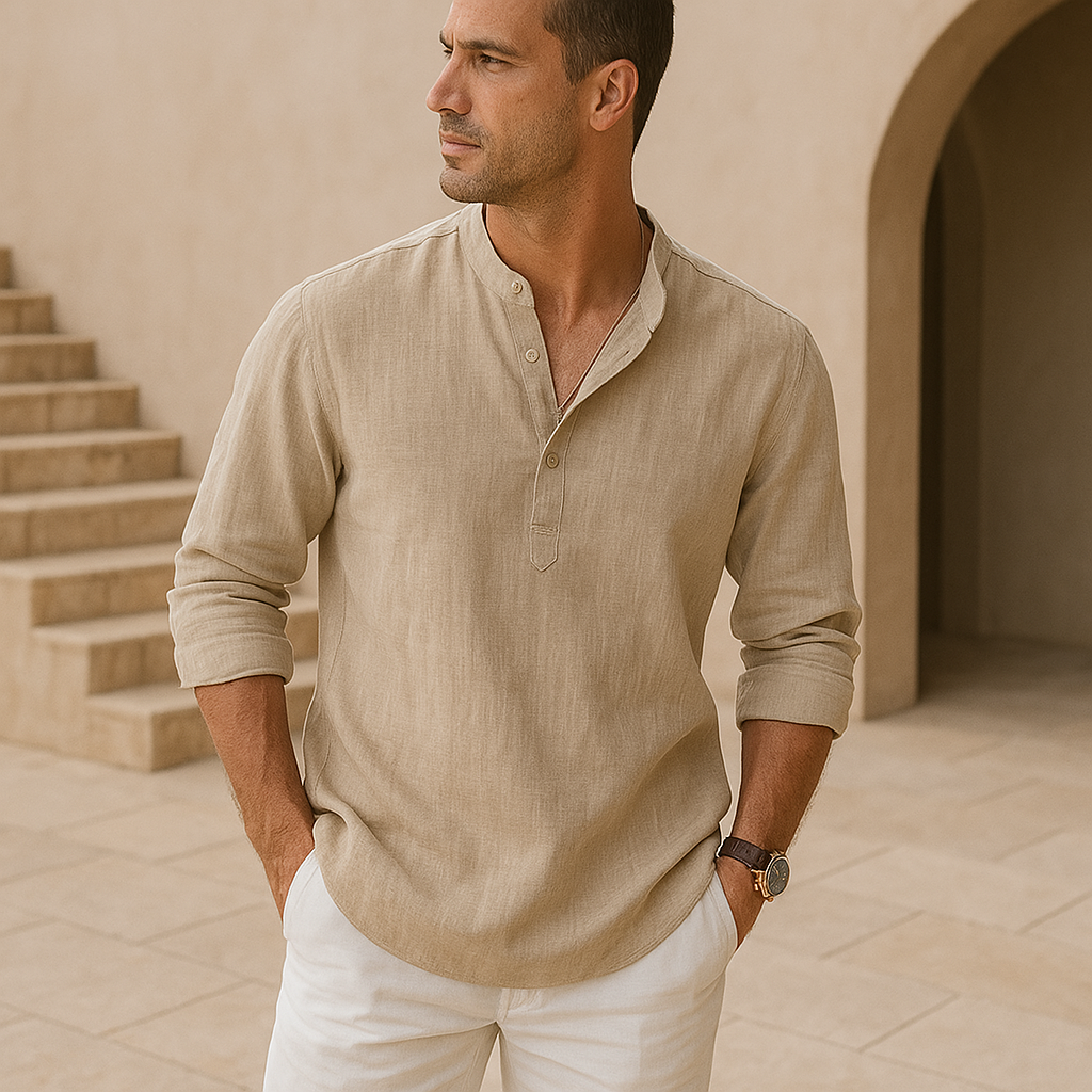 Lenoir™ | Linen Effect Cotton Henley Shirt