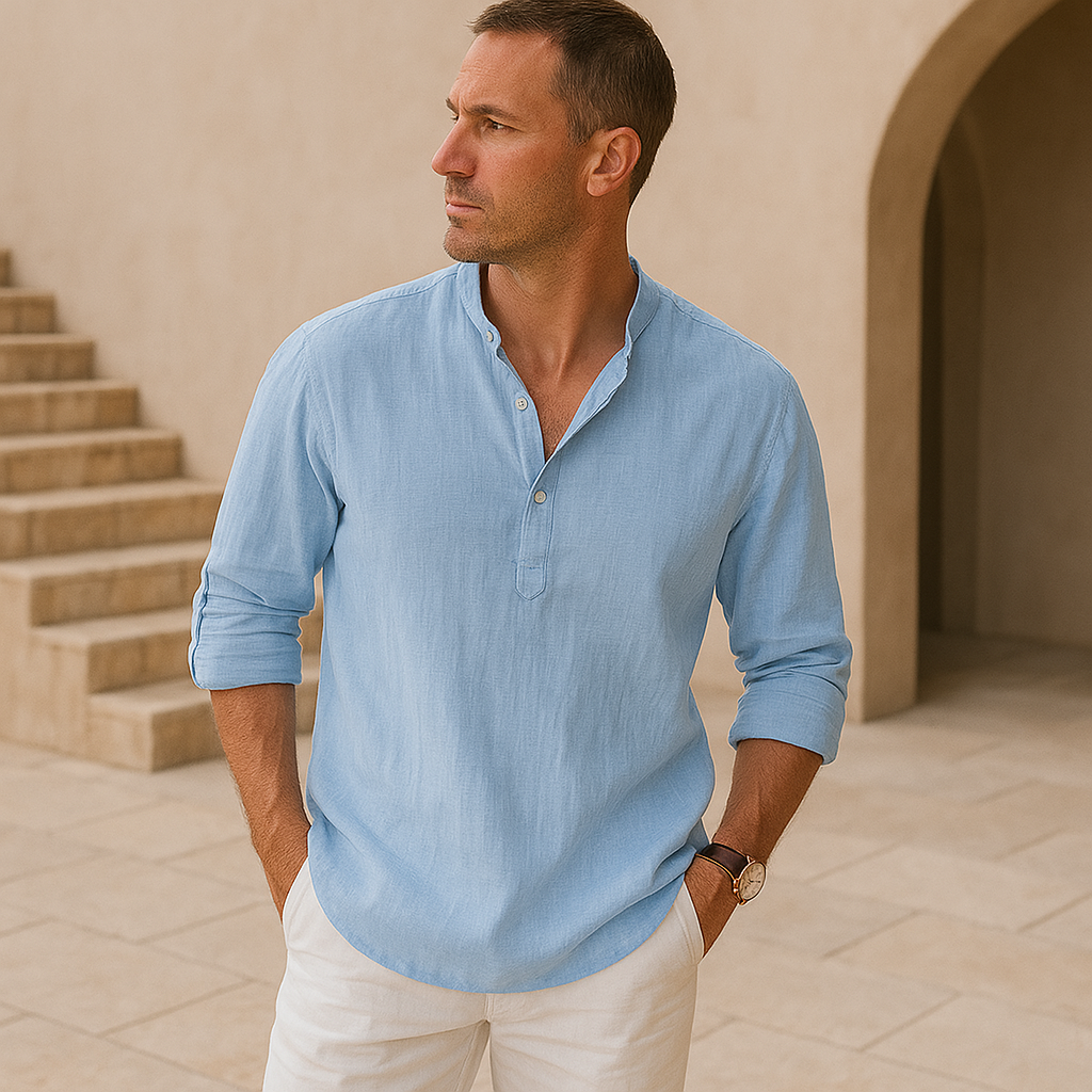 Lenoir™ | Linen Effect Cotton Henley Shirt